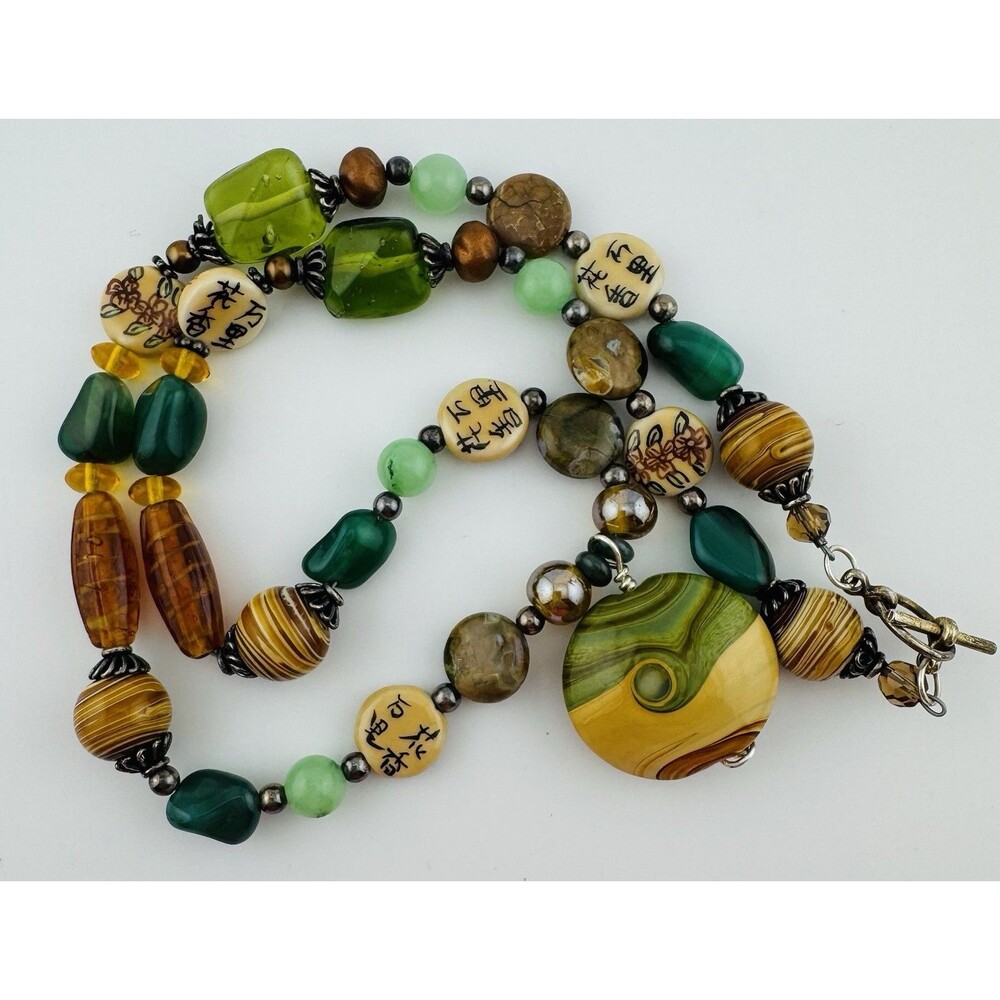 Vintage Multicolor Art Glass Bead Necklace 21” Swirled Pendant Silver Tone